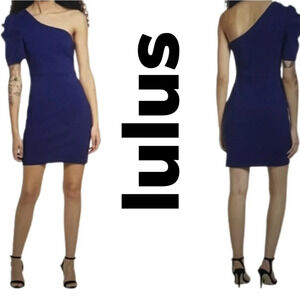 Lulus Stay Gorgeous one Shoulder Puff Sleeve Side Zip Purple/Blue Dress sz L